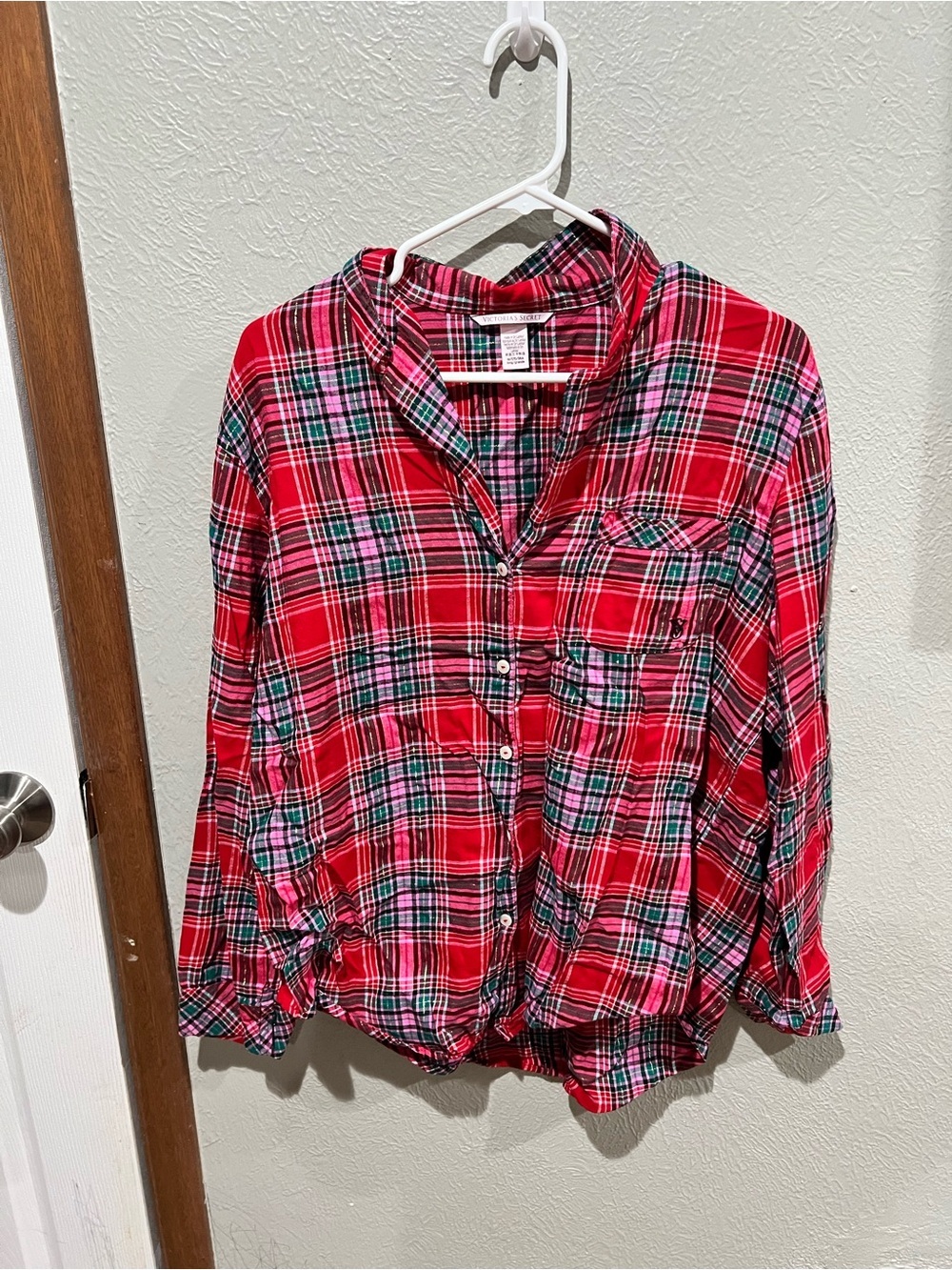Victoria's Secret Red Pink Green Plaid 3 Piece PJ Set Size M Long Cotton Blend